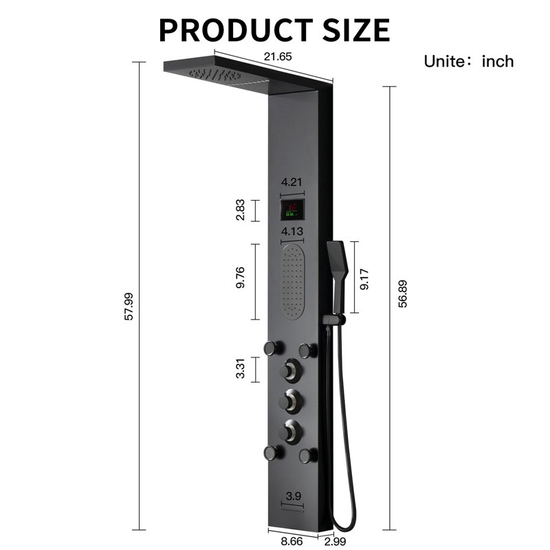 5-way Diverter Rainfall Shower Tower Panel System with Rainfall Shower Head and Shower Wand Shower Tower in, Matte Black