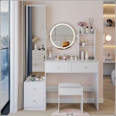 Full Body Mirror Cabinet + Round Mirror LED Vanity Table + Cushioned Stool, 17" Diameter LED Mirror, Touch Control, 3-Colour, Brightness Adjustable, Large Desktop, Multi-Layer High Capacity Storage
