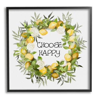 Choose Happy Lemon Roses Wreath by Ziwei Li - Floater Frame Print on Wood