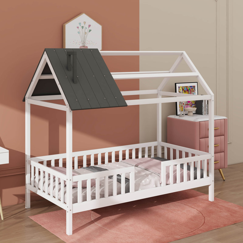 Lit simple en bois avec clôture, Blanc / Gris
