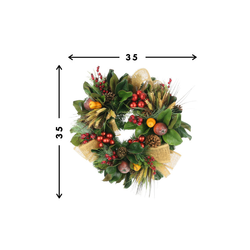 24" Magnolia Leaf And Fruit  Wreath With Ribbon