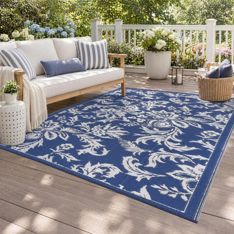 Navy Blue and White 8x10 Outdoor Rug, PP Tube Woven Patio Rug with Modern Branch Design, 340gsm Durable Indoor Outdoor Carpet for Deck Porch, 8 ft x 10 ft