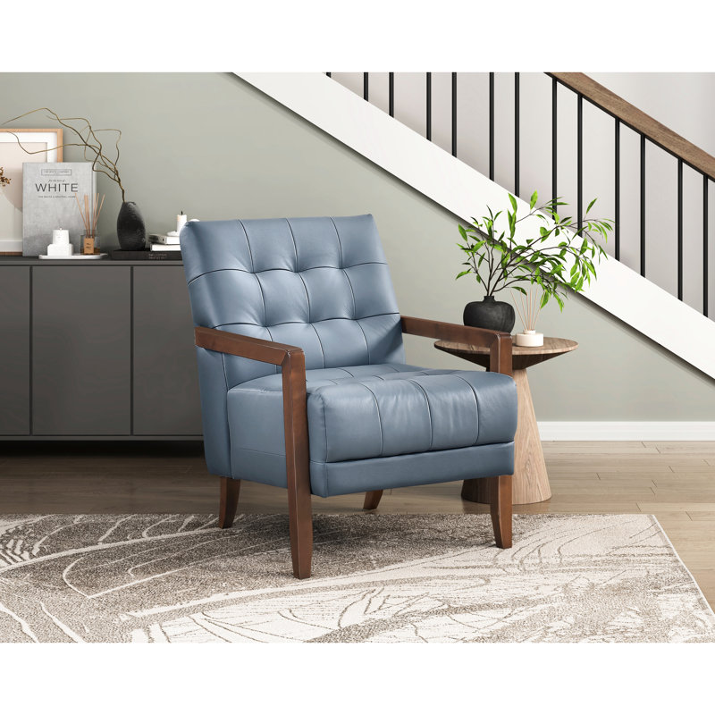 Chaise d'appoint en cuir bleu de style moderne avec coussin, détails en noyer, structure en bois fini