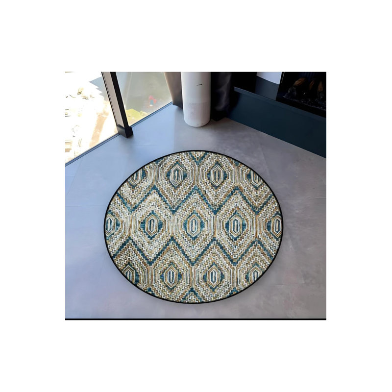 Blue Beige Knitted Look Woven Base Modern Decorative Carpet, Round 5'