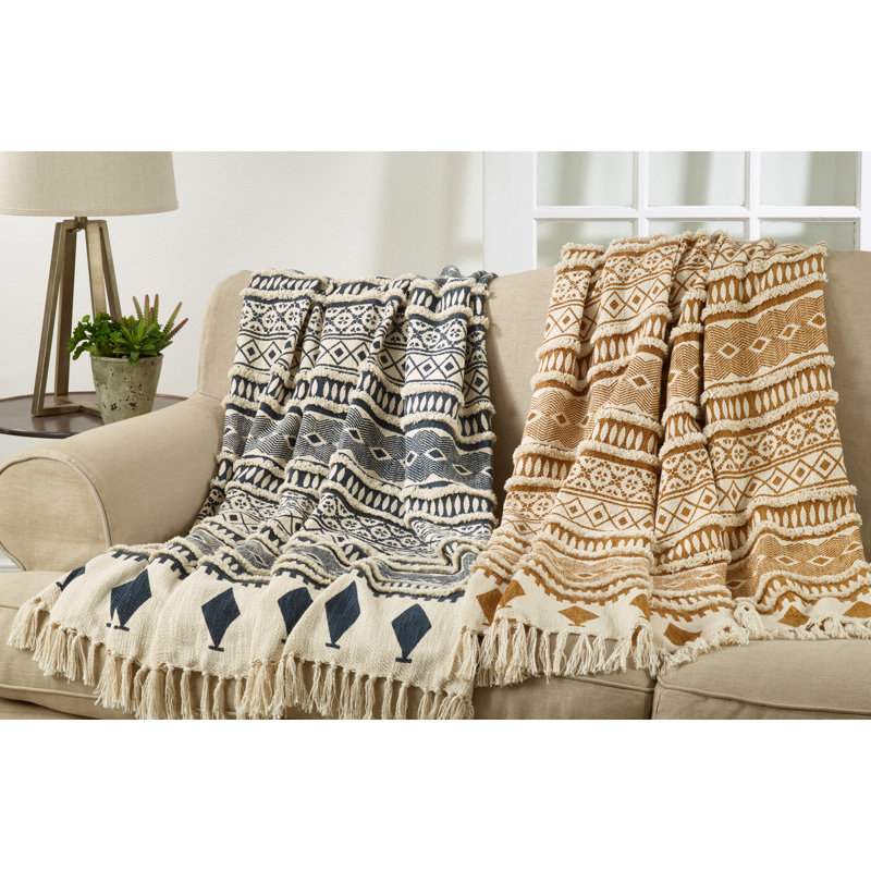 Bohemian Navy and Beige Cotton Fringed Throw Blanket