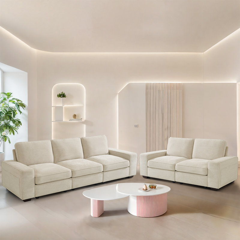 Ebern Designs Judeth Square Arm Modular Sofa, 5, Beige