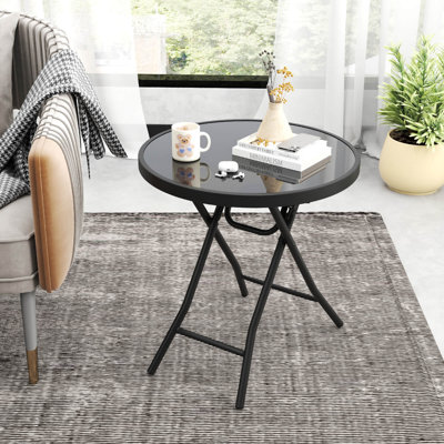 18" Folding Side Table Round Compact Coffee Table With Tempered Glass Tabletop Black by Winston Porter