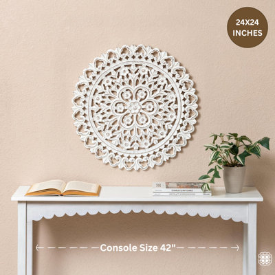 Donna 24" Round Carved Distressed White Floral Medallion Wall Décor