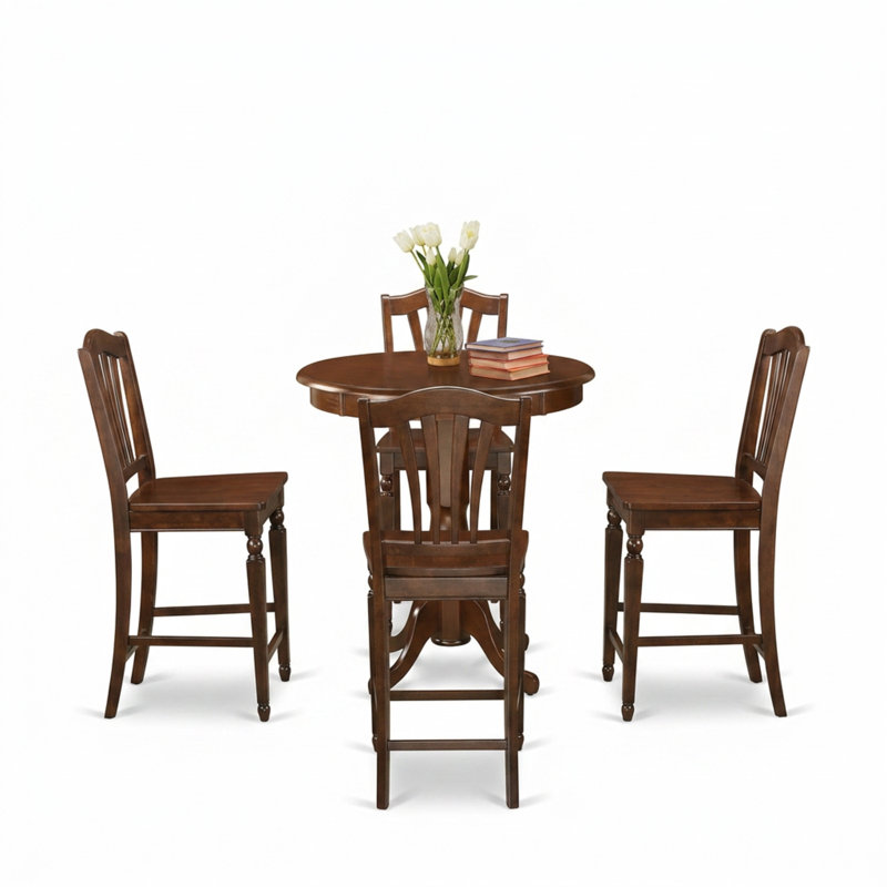 Table de salle à manger ronde en bois massif d'acajou chaleureux, composée de 5 pièces, hauteur comptoir, et de 4 tabourets de bar.