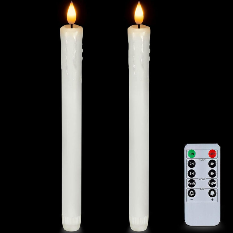 2 Pack 9.6 inch 3D Wick Flickering Flame Taper Candles with Remote and Timer, LED Candle Sticks Battery Power, Dripless Real Wax Window Candles