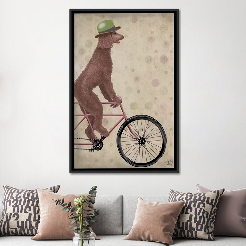 Impression sur toile tendue Fab Funky «Poodle on Bicycle», H 26 po x l 18 po x P 1,5 po, Toile avec cadre noir, Pas de tapis