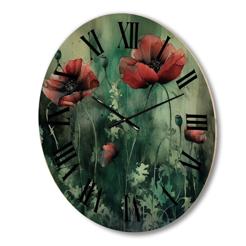 Horloge murale surdimensionnée en bois Emerald Vibrant Poppies II - Poppies, Moyenne