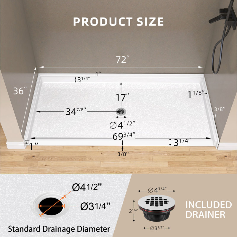 72'' W X 36'' D ADA Acrylic Alcove Shower Pan Single Threshold Handicapped Shower Base Rectangular White Shower Tray with Center Drain & Non-slip Design