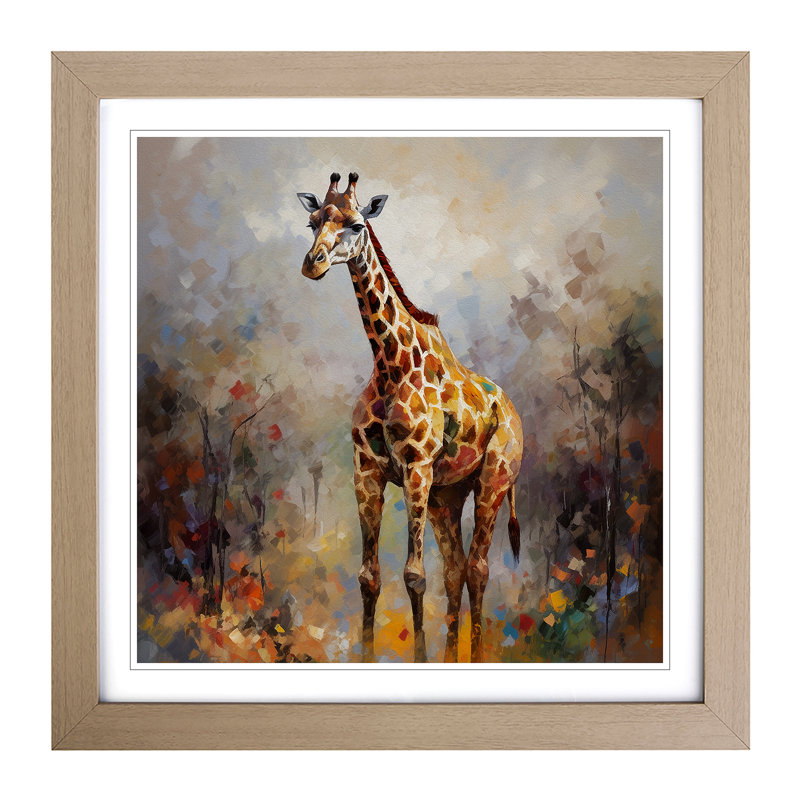 Giraffe Post-Impressionism - Single Picture Frame Print on Wood, Oak