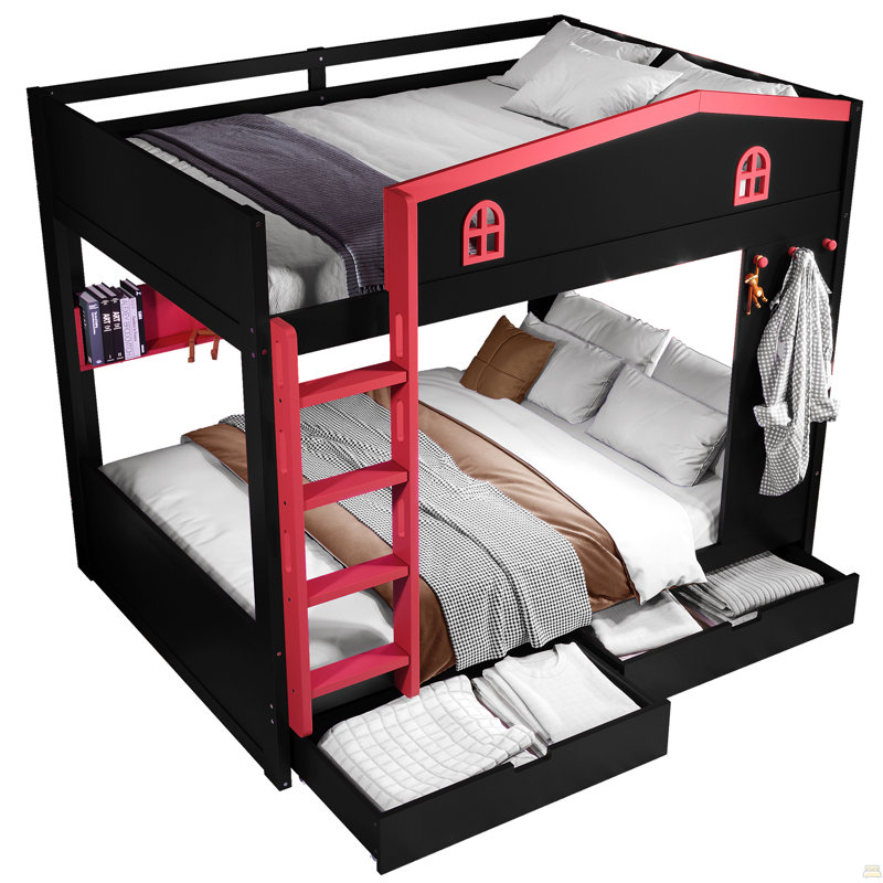 Lit superposé grand sur grand avec tiroirs et tablettes de rangement, lits superposés en bois massif avec crochets, aucun sommier nécessaire