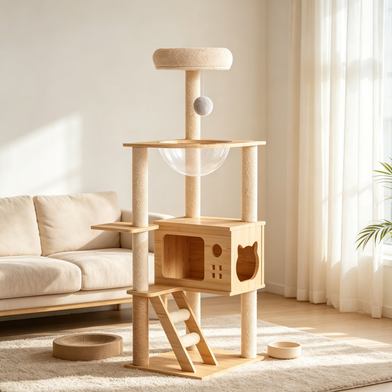 Arbre à chat moderne en bois de 124 cm (48,8 po) pour chats d'intérieur, avec poteaux à griffer en sisal, perchoir supérieur, niche et hamac en acrylique pour chats de toutes tailles, brun clair naturel