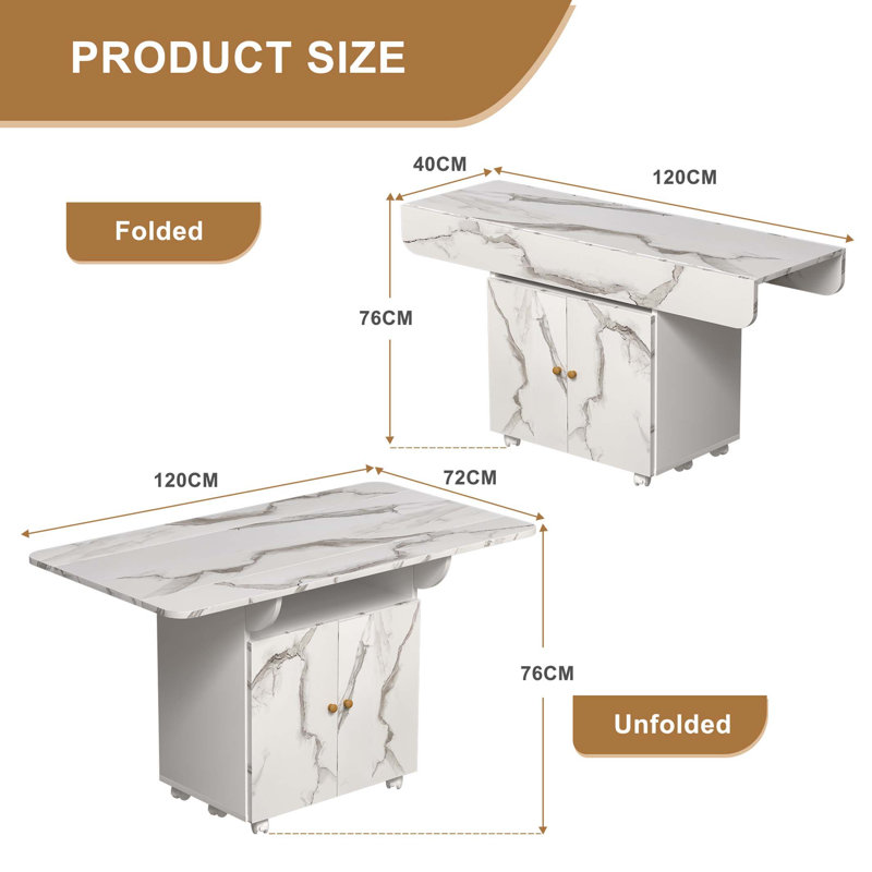 47" Wood Folding Dining Table with storage rack and cabinet, Removable Entryway Table with 6 Wheels, White Marble Color Kitchen Island, Side Table and Coffee Table Versatile Table Space Saving