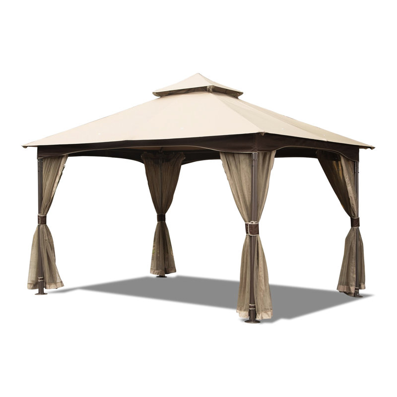 Pavillon de jardin 10 pi x 13 pi avec double toit - construction en métal, résistance, imperméable, filet kaki, cadre de tente de patio, toit souple pour couverture de jardin kaki