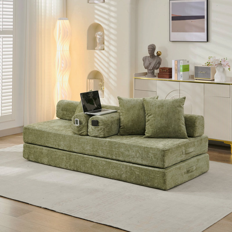 Green Chenille Convertible Floor Sofa Bed – 3-in-1 Lounge Couch, Green