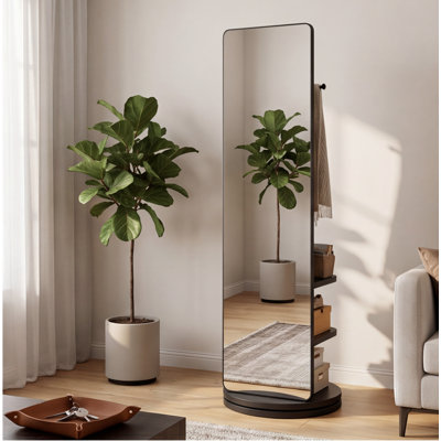 Miroir sur pied pivotant à 360 ° avec porte-manteau et crochets, miroir de plancher en bois d'hévéa massif, 66 po x 17,8 po, noir, peu encombrant pour la chambre à coucher, le salon et le vestiaire