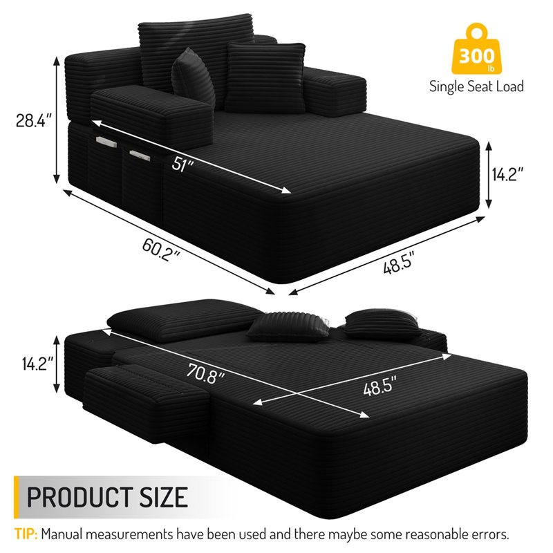 Chaise longue en velours côtelé luxueux avec 3 coussins, canapé-lit convertible et poche de rangement, Corduroy+Black
