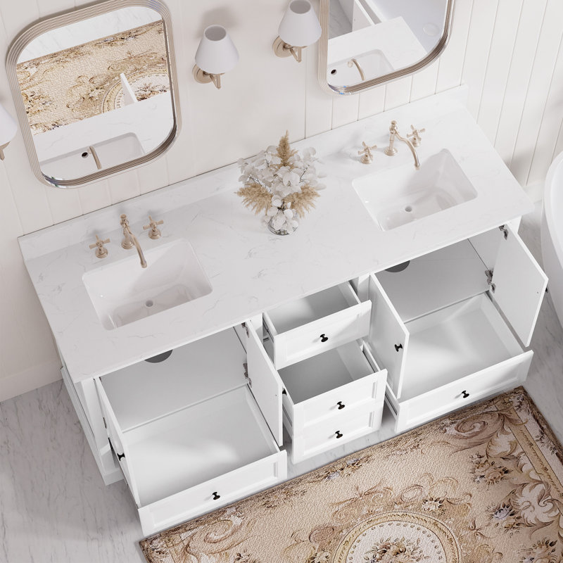 Meuble-lavabo double 72 po avec lavabos sous-comptoir en céramique, armoire en panneau de fibres à densité moyenne, tiroirs à fermeture en douceur et comptoir de style marbre