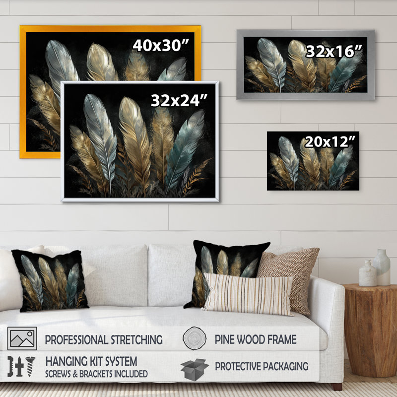 «Roslie Gold Gilded Feathers II», reproduction sur toile, Cadre simple noir, H 12 po x l 20 po x P 1 po