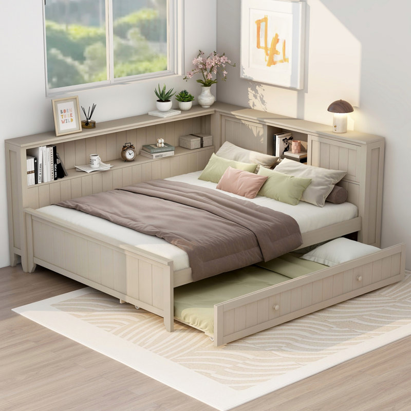 Lit de jour en bois avec tablettes de rangement et lit gigogne