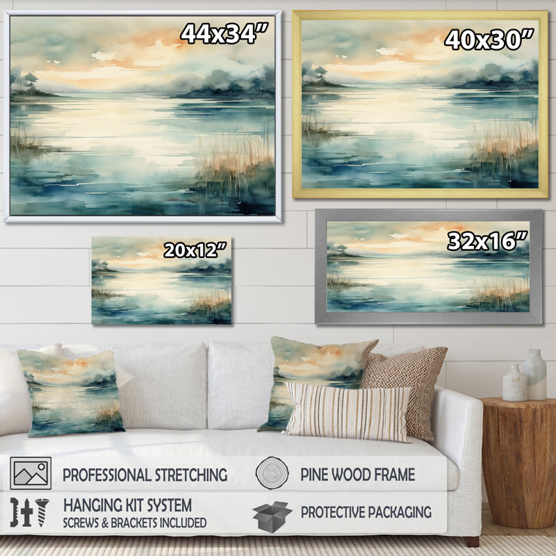 «Misty Lake Tranquility Retro Watercolor», reproduction sur toile, H 24 po x l 32 po x P 1 po, Cadre naturel flottant