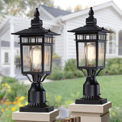 Lampadaire d'extérieur 17,6 po, paquet de 2, lampadaire câblé en aluminium noir | Lampadaire extérieur imperméable avec lampadaire extérieur avec verre pour jardin (base de montage non incluse)