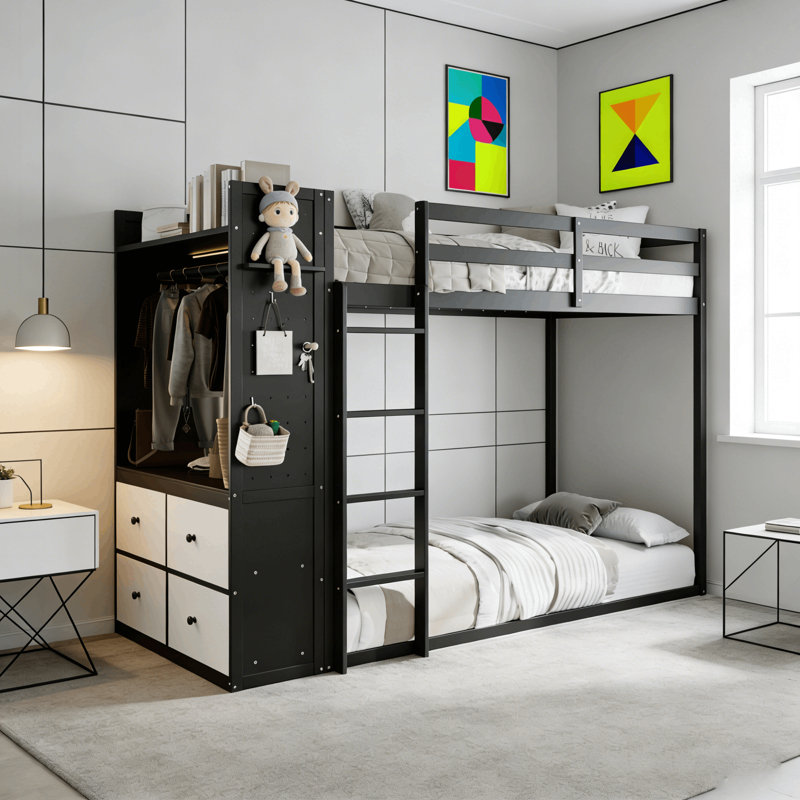 Twin Over Twin Bunk Bed With Lighted Dresser, Hanging Rack And Storage Drawers, Black
