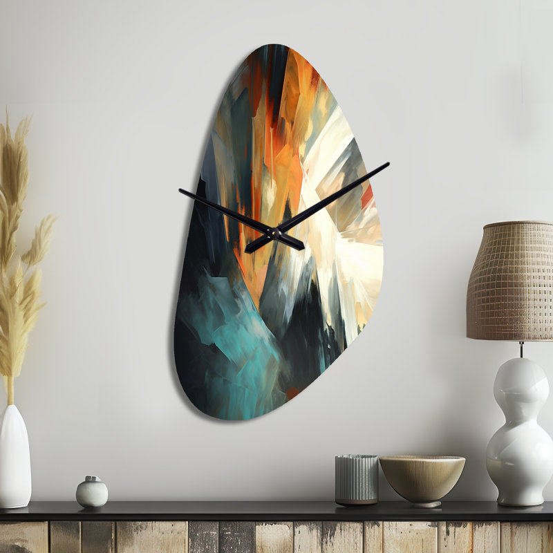 Faucette orange et bleu abstrait couleurs mélangées I - horloge murale asymétrique en métal minimaliste, impression d'horloge murale moderne de forme irrégulière