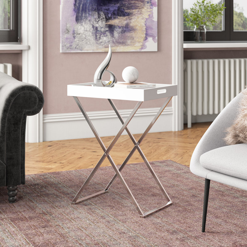 Kline Tray Top Cross Legs End Table, Silver, White