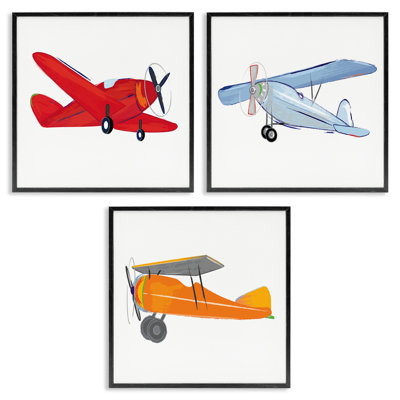 Triple Colorful Airplanes Drawing 3 Piece Black Framed Giclee Art Set by Sweet Pea Studio