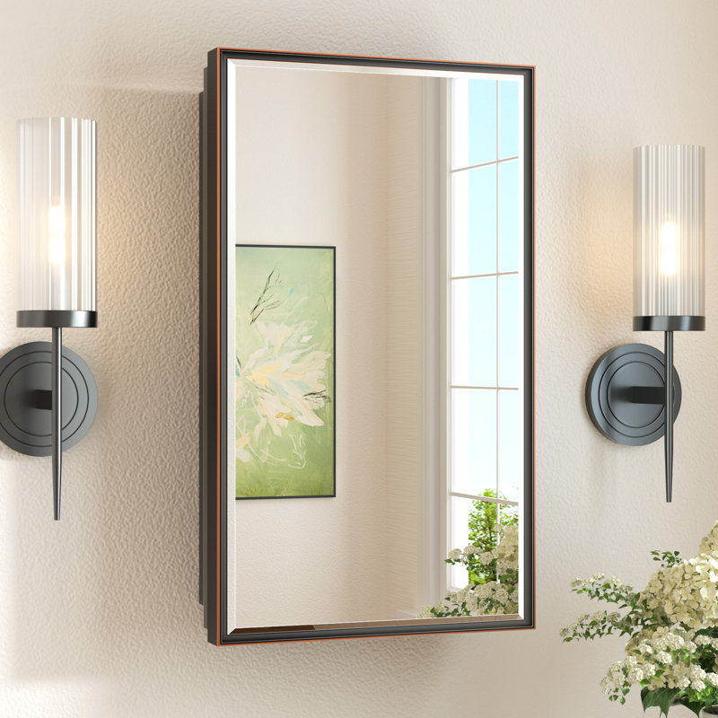 Cyrille Recessed & Surface Framed Medicine Cabinet with Mirror and Shelves, 24" H x 14" W x 5.2" D, Oil Rubbed Bronze
