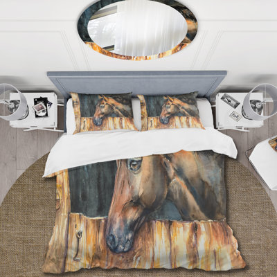 The Head of A Horse In Stable - Ensemble de housse de couette Farmhouse - Microfibre de polyester