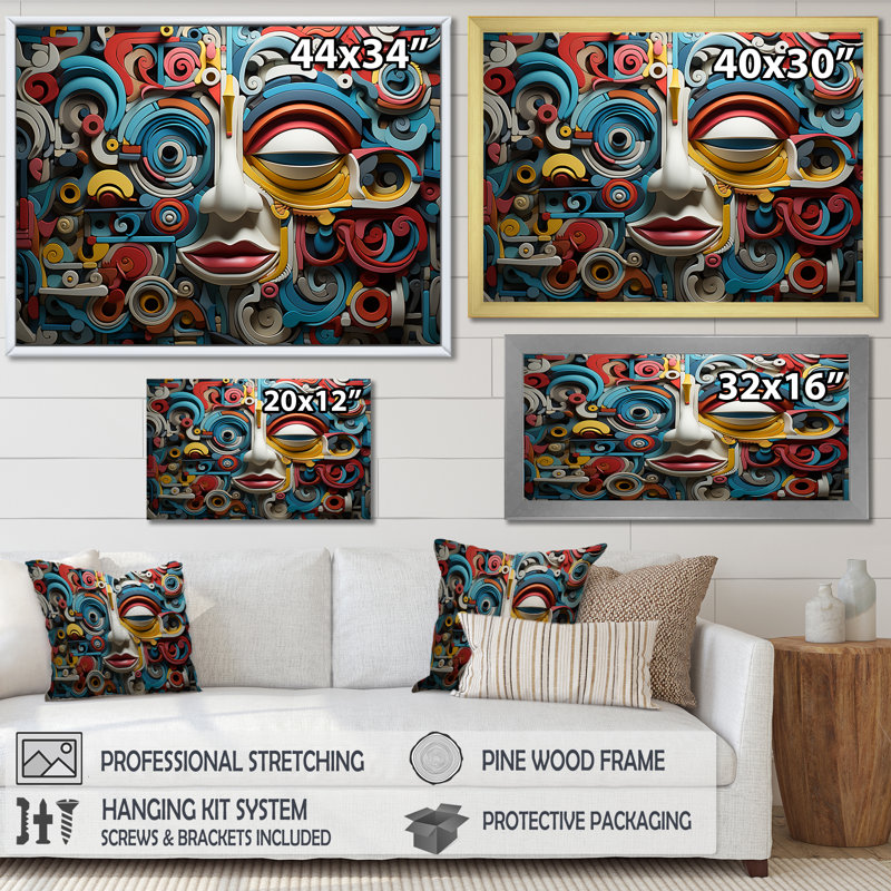 Masque géométrique d'art mexicain, reproduction sur toile, Cadre doré simple, H 24 po x l 32 po x P 1 po