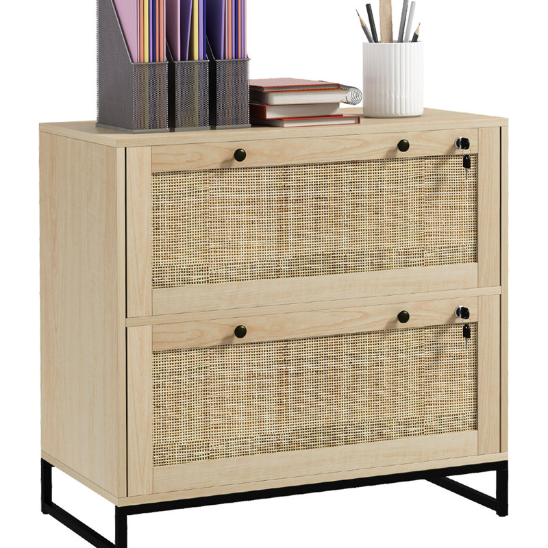 File Cabinet With Detailing - 2 Drawer Lockable Storage Adjustable Hanging Bar For Letter, A4, Legal Sizes Natural Finish Locking Unit Office Essentials Multiple Paper Formats Charisma