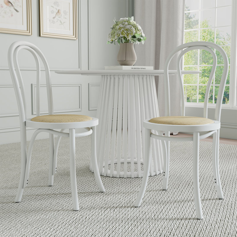 Chaise en rotin avec structure en bois massif, chaise d'appoint française pour la salle à manger / cuisine, Blanc