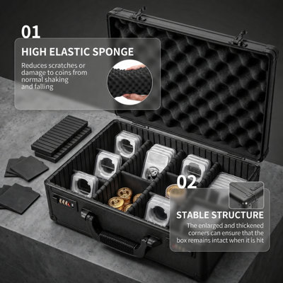 Coffret de rangement pour pièces de monnaie en aluminium noir avec serrure à combinaison, boîte de présentation sécurisée pour collectionneurs avec séparateurs personnalisables, organisateur de protection portable pour porte-pièces et objets de collection