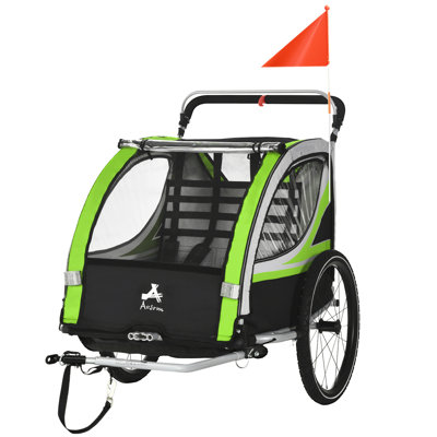Aosom 3-In-1 Walk/Jog/Ride Child Baby Bike Trailer For Kids 2 Seater, High-Visibility Bike Stroller For Toddler Wagon, Weather-Strong Double Bicycle Trailer Accessory For Kids, Green