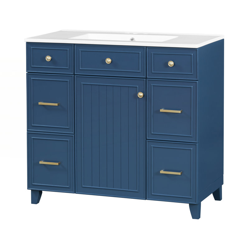 Meuble-lavabo 36 po avec lavabo en céramique, Doré, Bleu