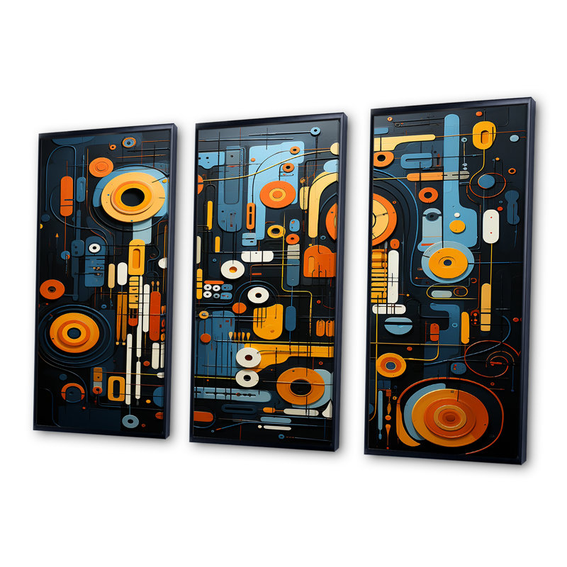 «Blue and Yellow Dynamic Abstract Shapes Fusion II», art mural abstrait, Cadre flottant noir, H 28 po x l 36 po x P 1 po