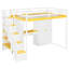 Lit mezzanine double avec escalier de rangement, coiffeuse, garde-robe et ports USB, lumières DEL pour adolescents, blanc et jaune-2046200476