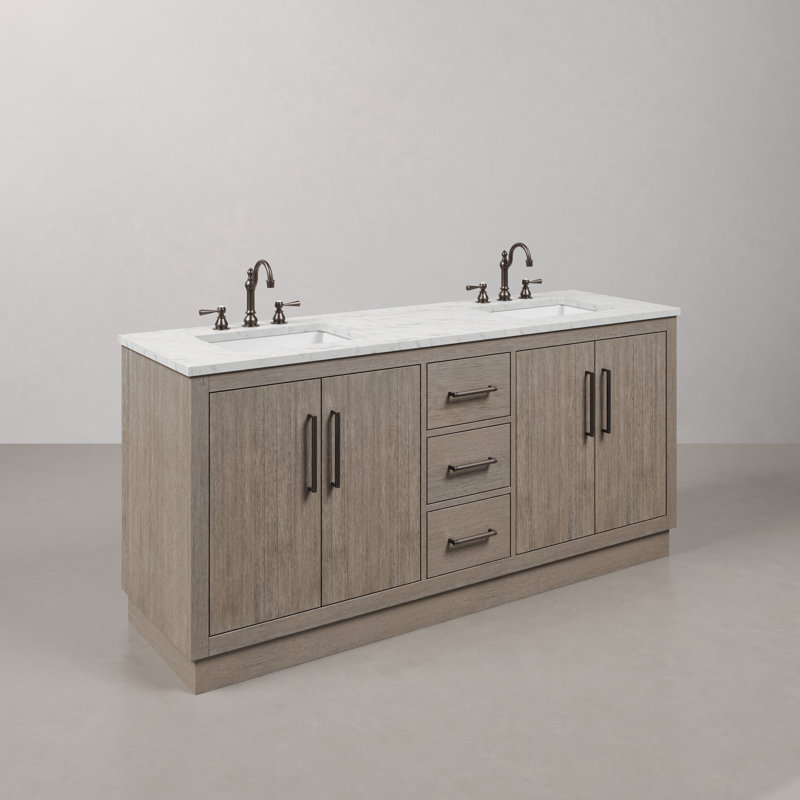 Hugo 72 In. Double Sink Carrara White Marble Countertop Vanity In Grey Oak With Gooseneck Faucets, Oil rubbed bronze