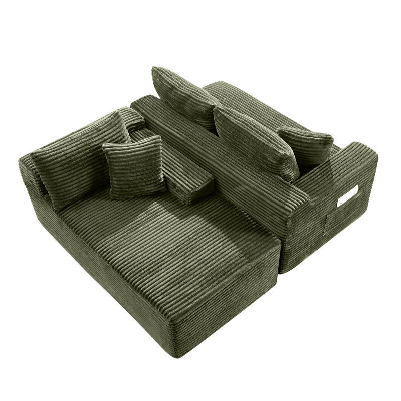 Canapé désossé à assise profonde avec méridienne, canapé rembourré de 107 po pour petit salon, Velours côtelé vert clair