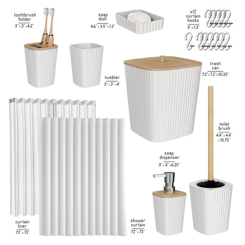 Ensemble complet d'accessoires de salle de bain 20 pièces avec rideau de douche, doublure et crochets, Blanc