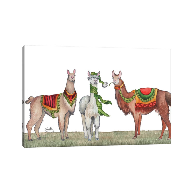«Christmas Llamas» par Elizabeth Medley - reproduction d'art, Aucun mat, H 26 po x l 40 po x 1,5 po, Toile tendue