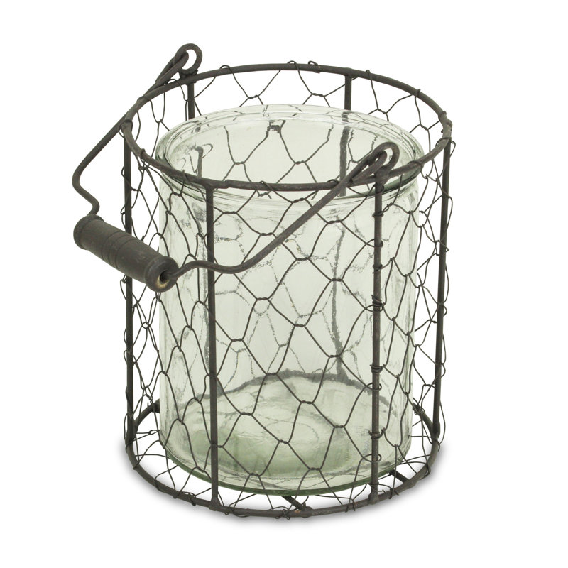 6" Brown Wire Basket and Glass Jar