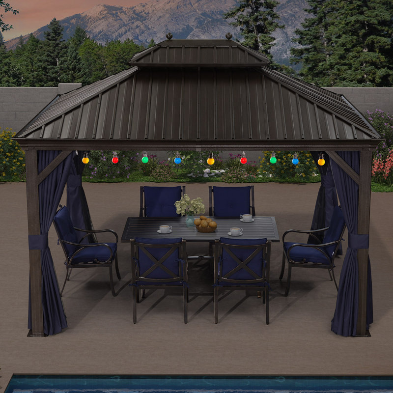 12 pi. L 10 pi. D Pavillon de jardin en aluminium avec guirlande de 48 pi